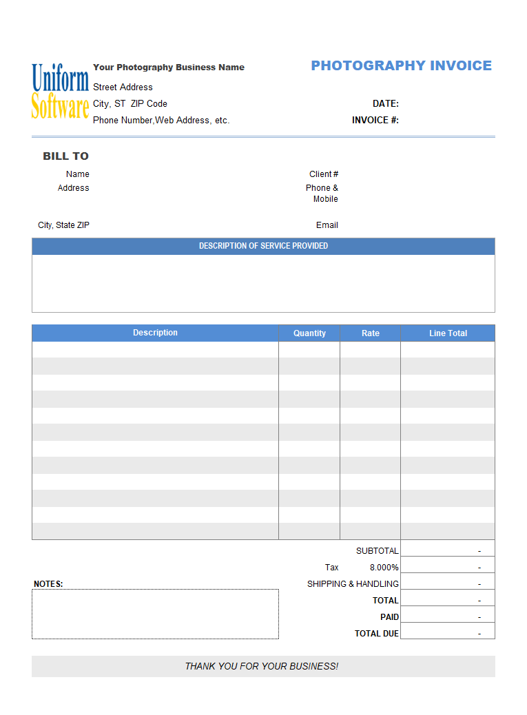 form distribution invoice Invoicing (General) Template Photography